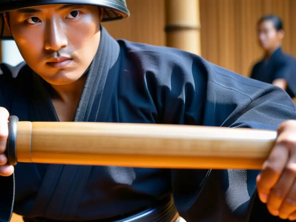 Un practicante de kendo se prepara para el combate, mostrando determinación y enfoque