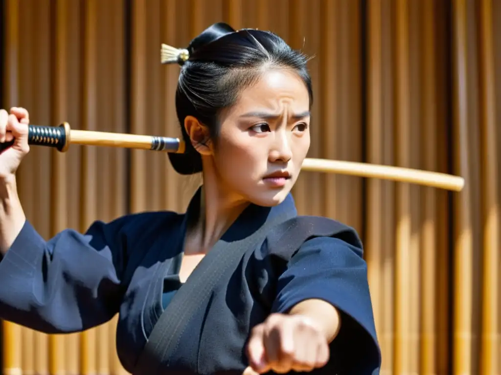 Una practicante de kendo intensamente concentrada ejecuta un preciso golpe con un shinai