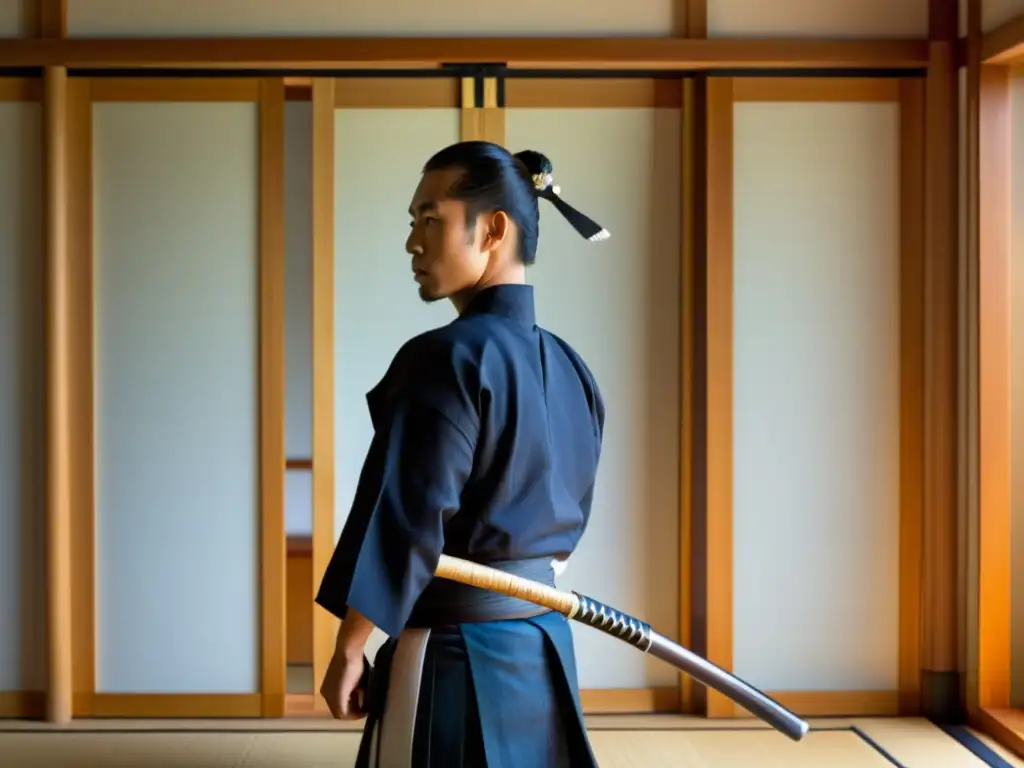 Un practicante de kendo en un dojo sereno, exudando disciplina y tranquilidad