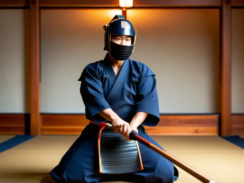 Un practicante de kendo en un dojo tradicional, destacando la importancia de la postura y técnica impecable