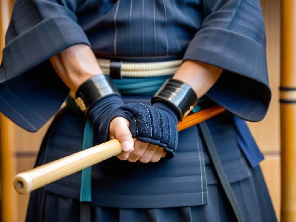 Un practicante de kendo sostiene con precisión el shinai durante el entrenamiento samurái en el siglo XXI, con un ambiente de autenticidad y tradición