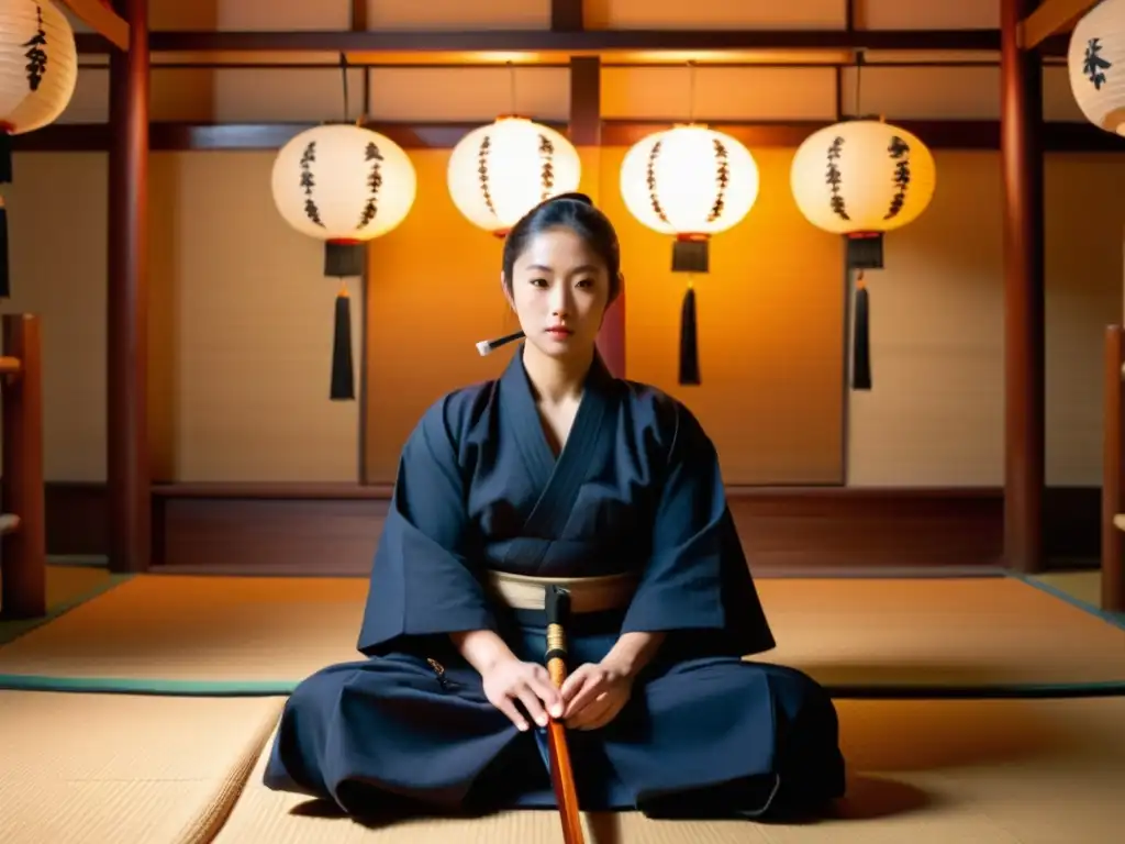 Practicante de kendo experimentado en un dojo japonés tradicional, equilibrando kendo y meditación para calmar en ambiente sereno y enfocado