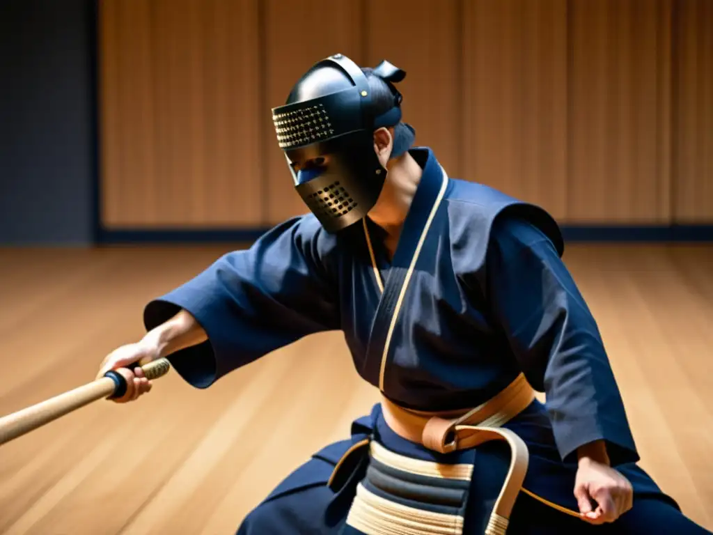 Un practicante de Kendo realiza un golpe perfecto, con enfoque en su respiración controlada y concentración intensa