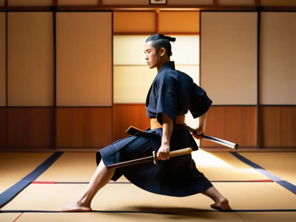 Un practicante de kendo realiza una kata con gracia y concentración en un dojo sereno, bañado en luz dorada