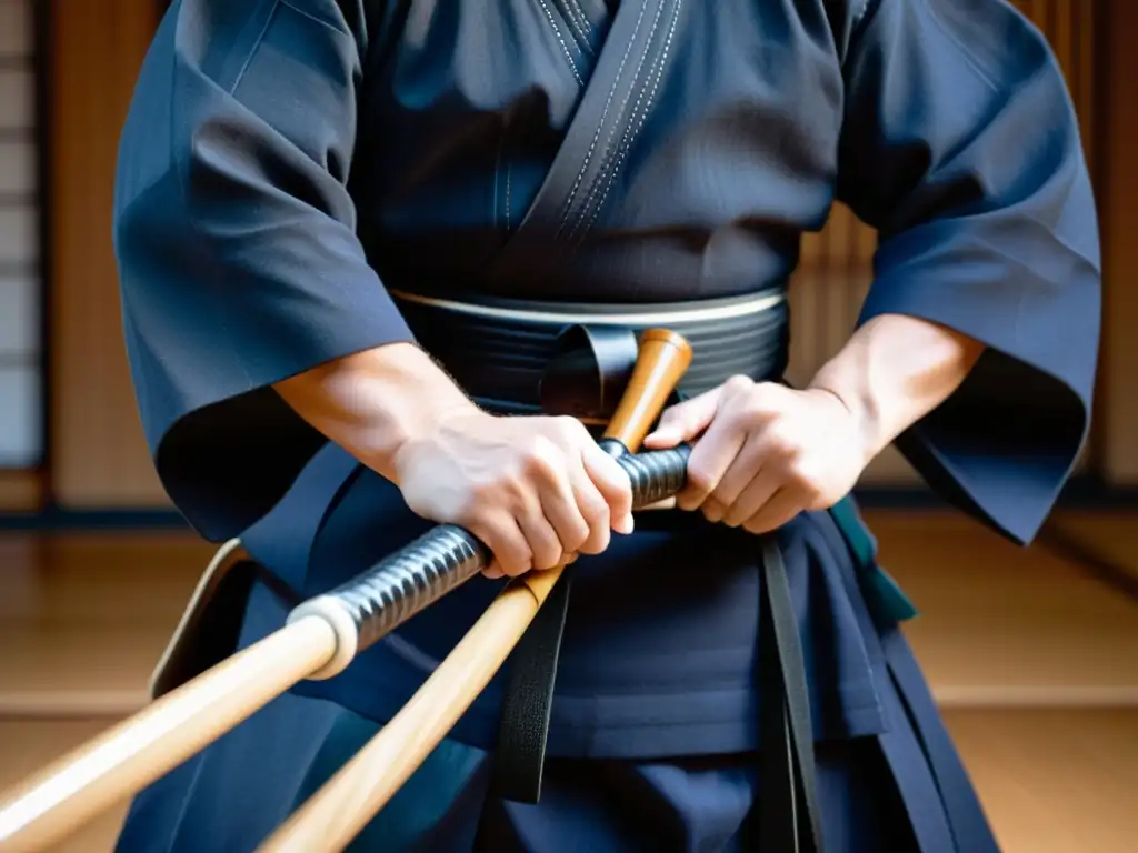 Un practicante de kendo enfoca con determinación su mirada mientras sostiene el shinai, destacando la intensidad y concentración en sus manos