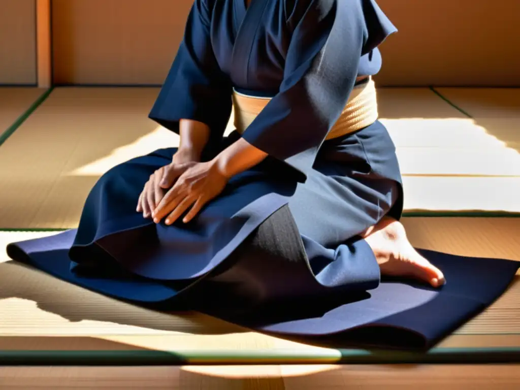 Un practicante de Kendo en seiza sobre tatami, concentrado en técnicas de respiración