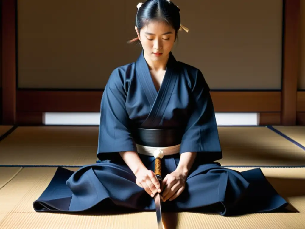 Un practicante de kendo se arrodilla en un tatami con su katana