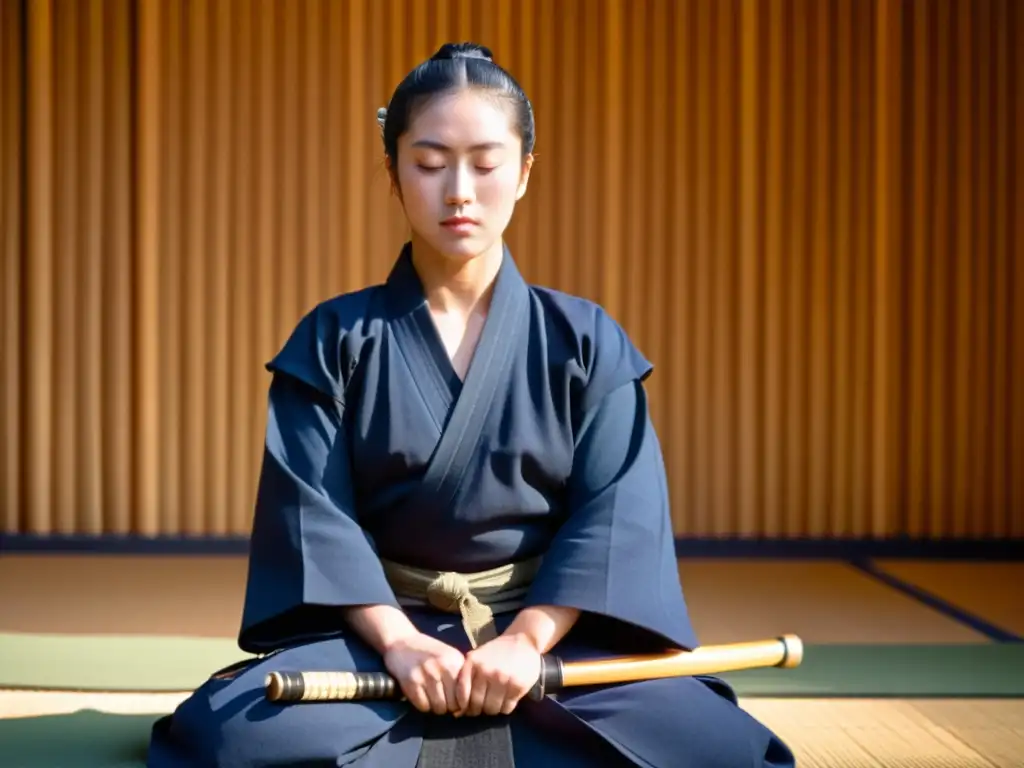 Un practicante de kendo en concentración, listo para entrenar con técnicas de respiración en Kendo