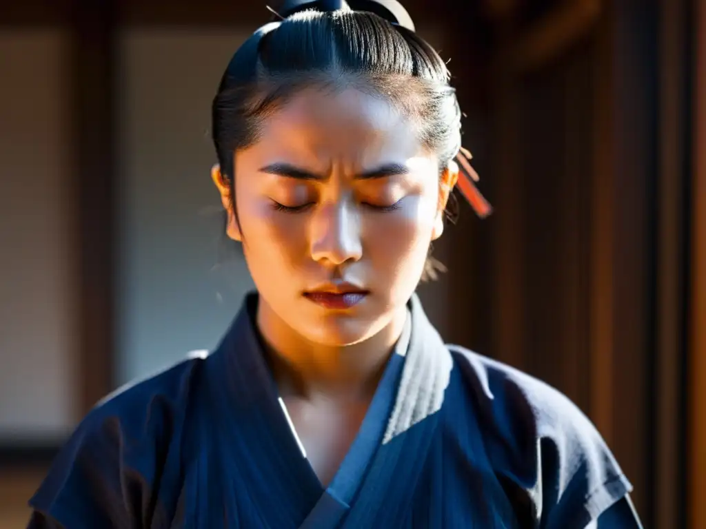 Un practicante de Kendo en garb tradicional, concentrado en técnicas de respiración, en un dojo japonés