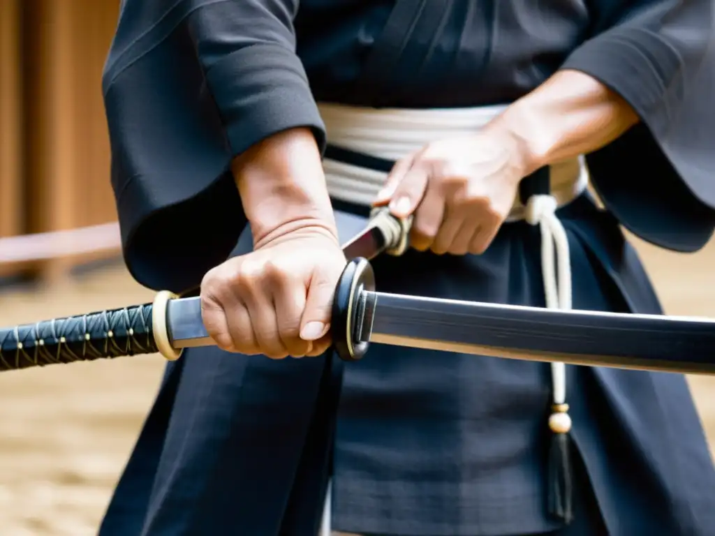 Practicante de kendo con determinación y concentración, sosteniendo la tsuka de una katana tradicional