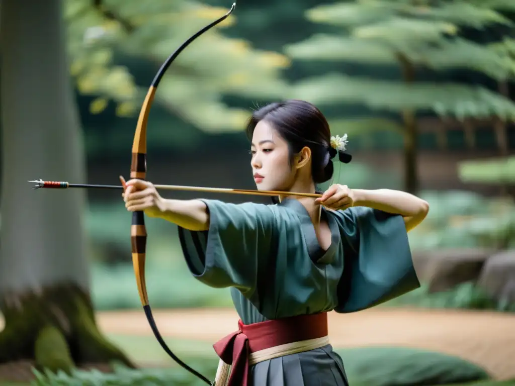 Un practicante de kyudo en un estado de concentración, listo para disparar el arco y la flecha en un entorno sereno