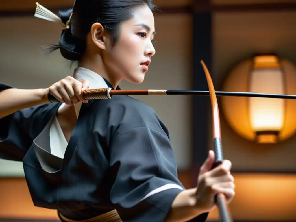 Un practicante de kyudo se concentra intensamente antes de soltar la flecha, vistiendo atuendo tradicional en un dojo japonés