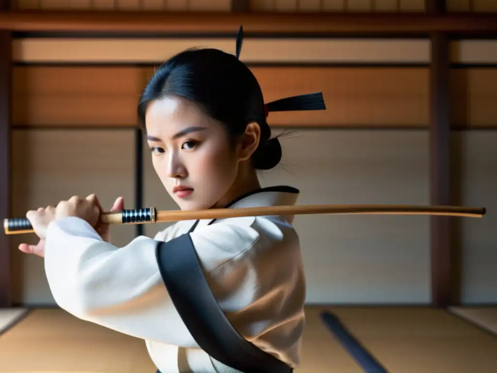 Un practicante de kyudo muestra concentración intensa al tensar el arco en un dojo tradicional