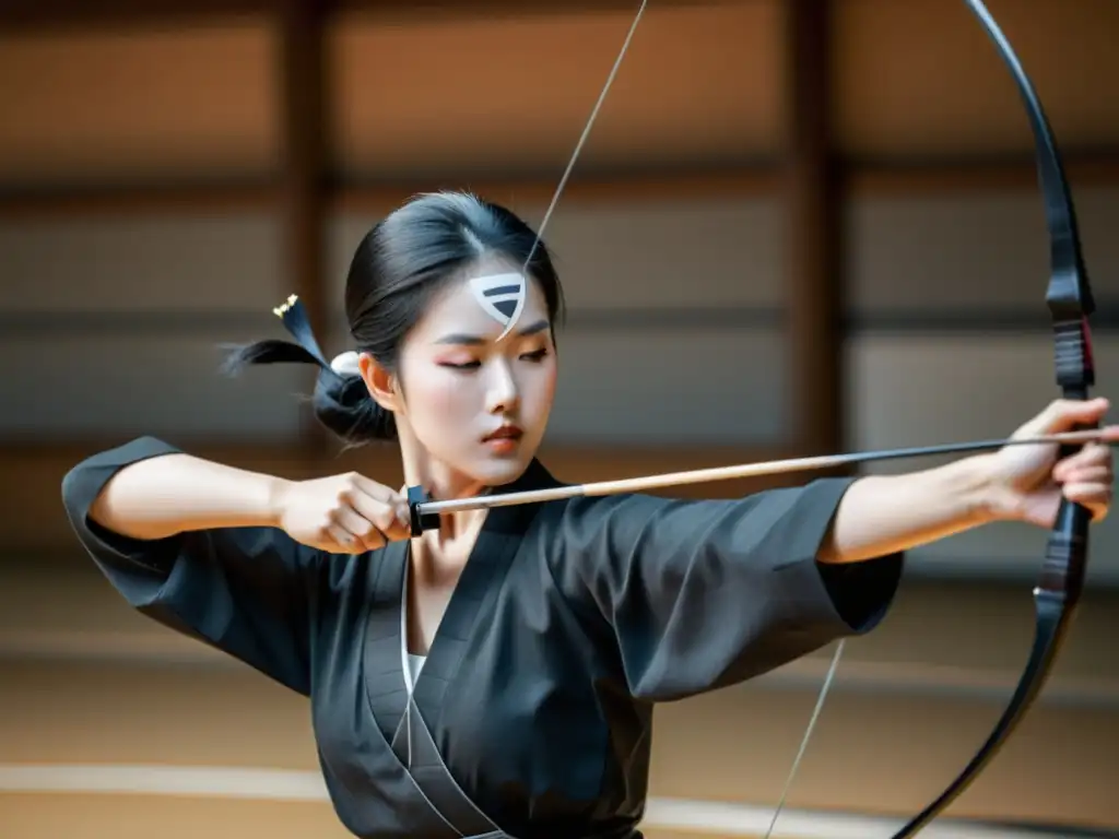 Un practicante de Kyudo en movimiento, con arco extendido y flecha alineada, capturando la esencia de Kyudo como meditación en movimiento