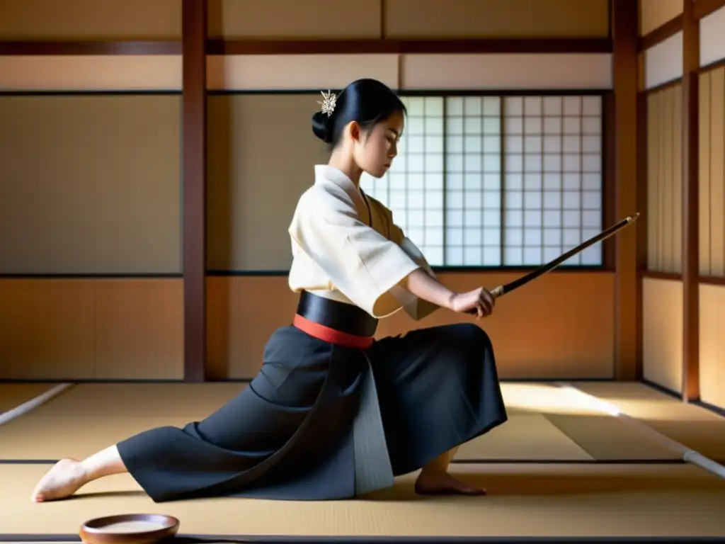 Un practicante de Kyudo en vestimenta tradicional japonesa muestra la postura y etiqueta en Kyudo en un dojo sereno