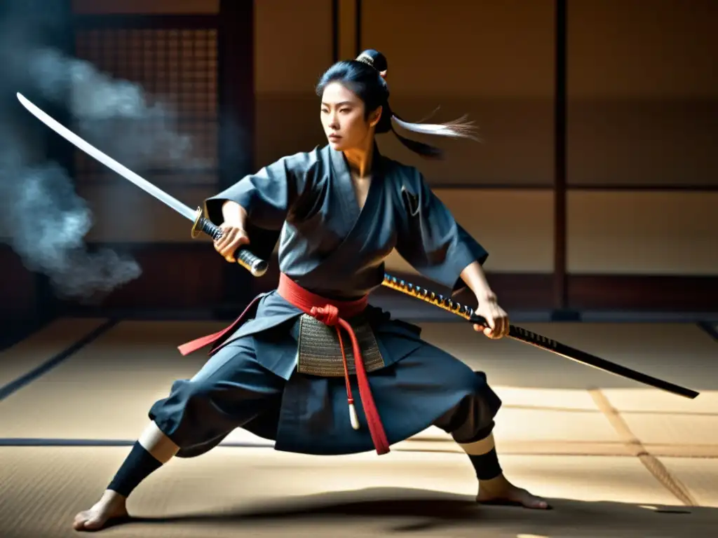 Practicante de Naginatajutsu muestra estética combate lanza samurái en dojo sereno