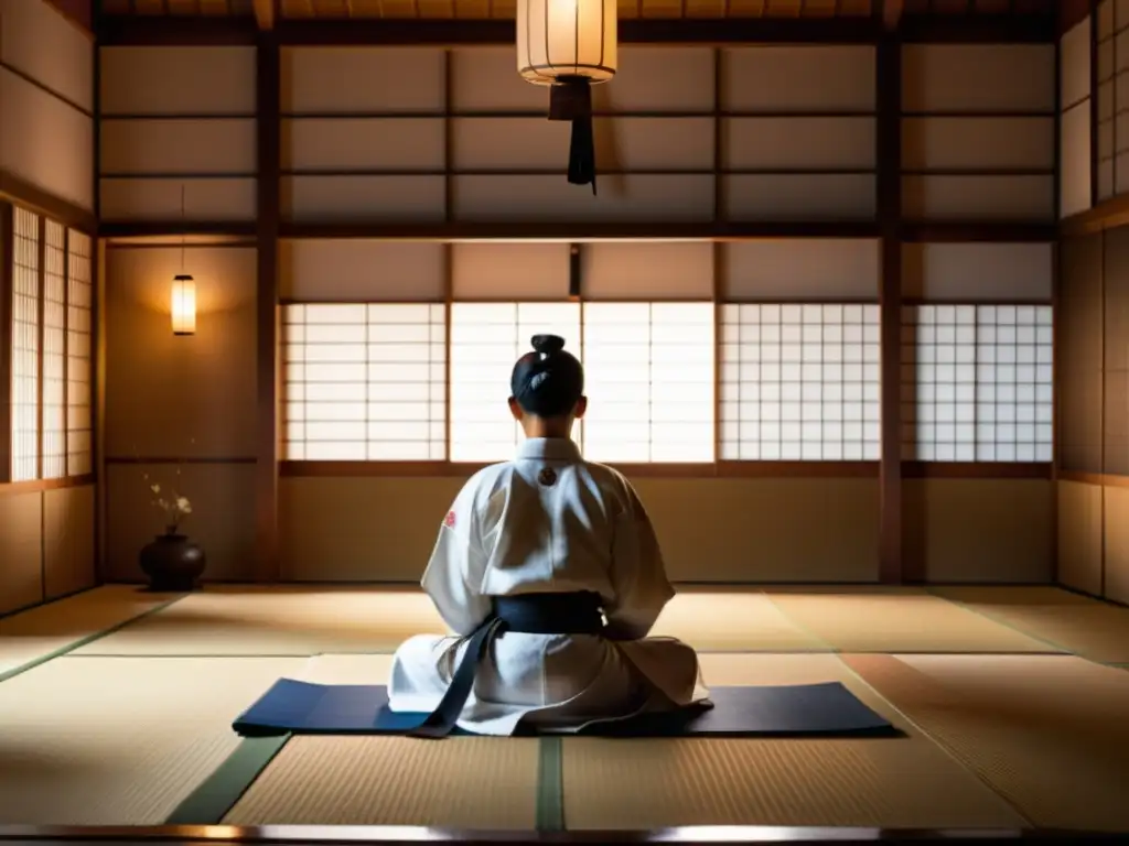 Un practicante solitario medita en un dojo japonés tradicional, con un sable samurái brillante