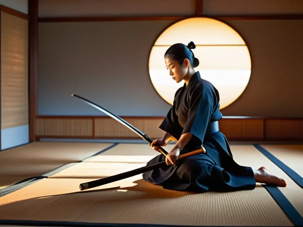 Un practicante solitario realiza los precisos movimientos de Iaido al amanecer, mostrando disciplina y dedicación