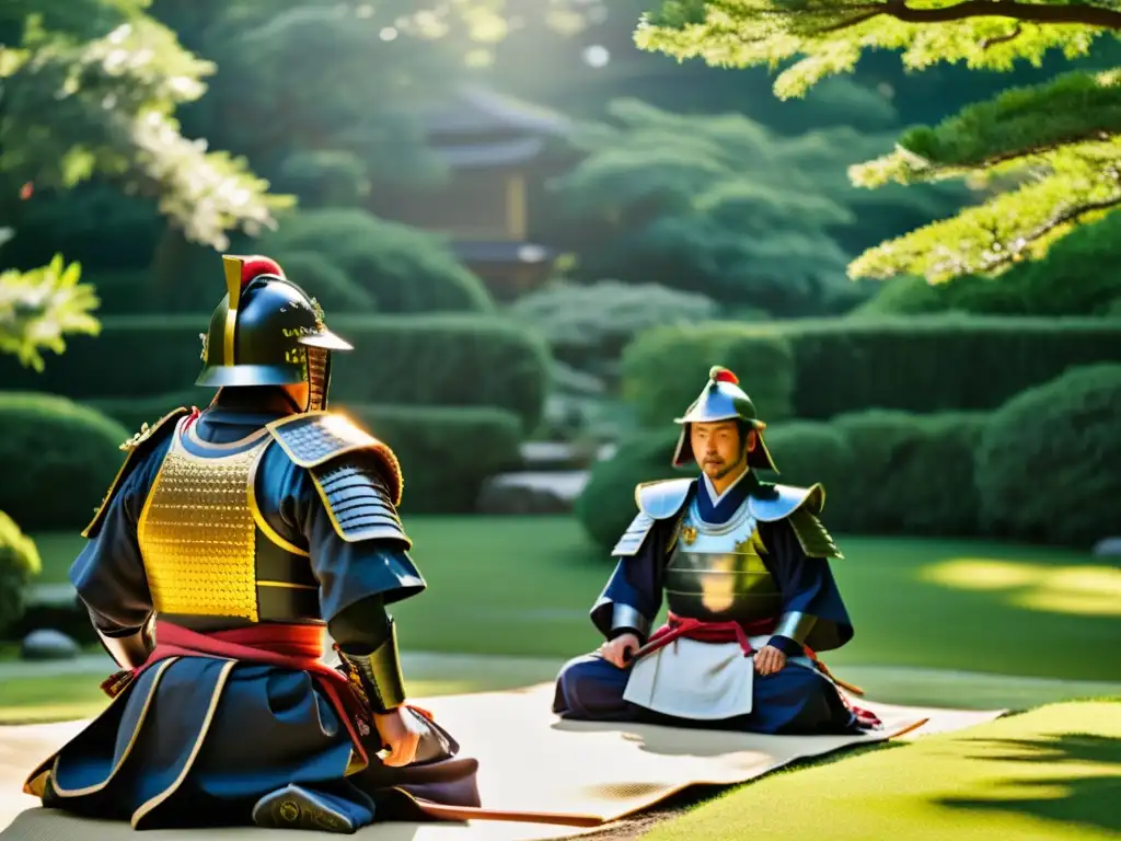 Practicantes de artes marciales en armadura samurái en un jardín japonés