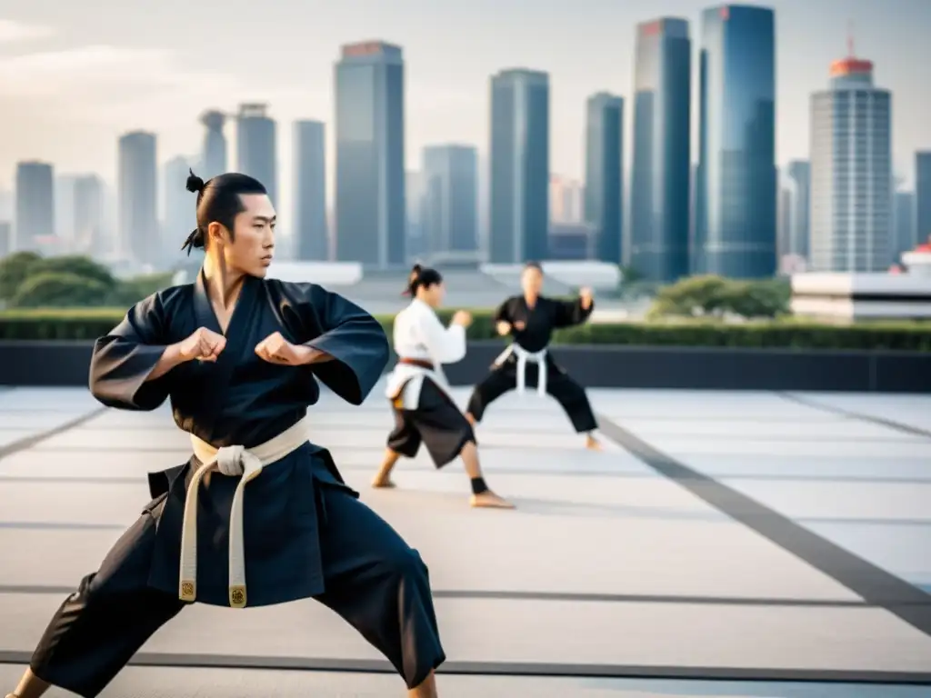 Practicantes de artes marciales con estética samurái en la ciudad moderna, reflejando el impacto cultural de la estética samurái en la actualidad