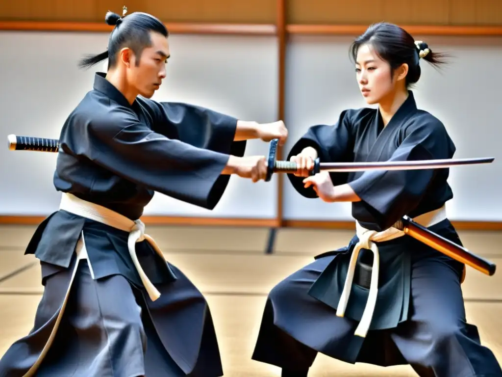 Dos practicantes de Iaido compiten con precisión en un dojo japonés, demostrando las reglas de la competición de la espada japonesa