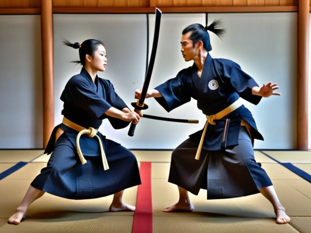 Dos practicantes de Iaido compiten en un duelo de espadas japonesas en una escena de alta tensión en un dojo tradicional