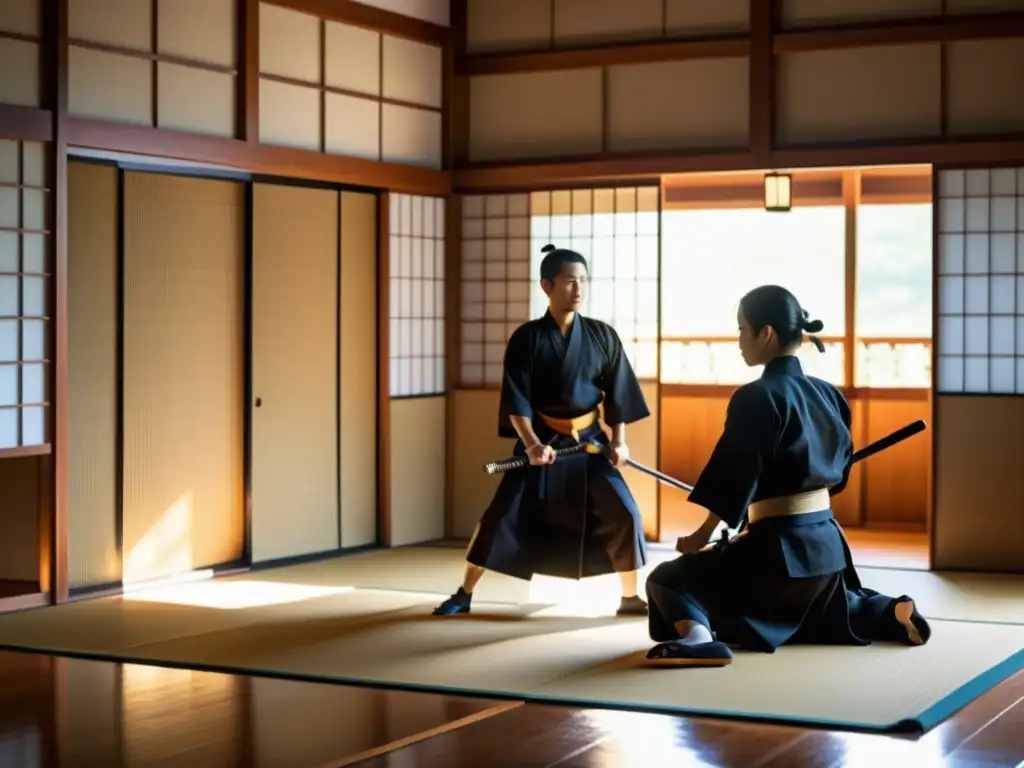 Practicantes de Iaido con equipo tradicional, inmersos en una sesión de entrenamiento enfocada en un dojo japonés tradicional