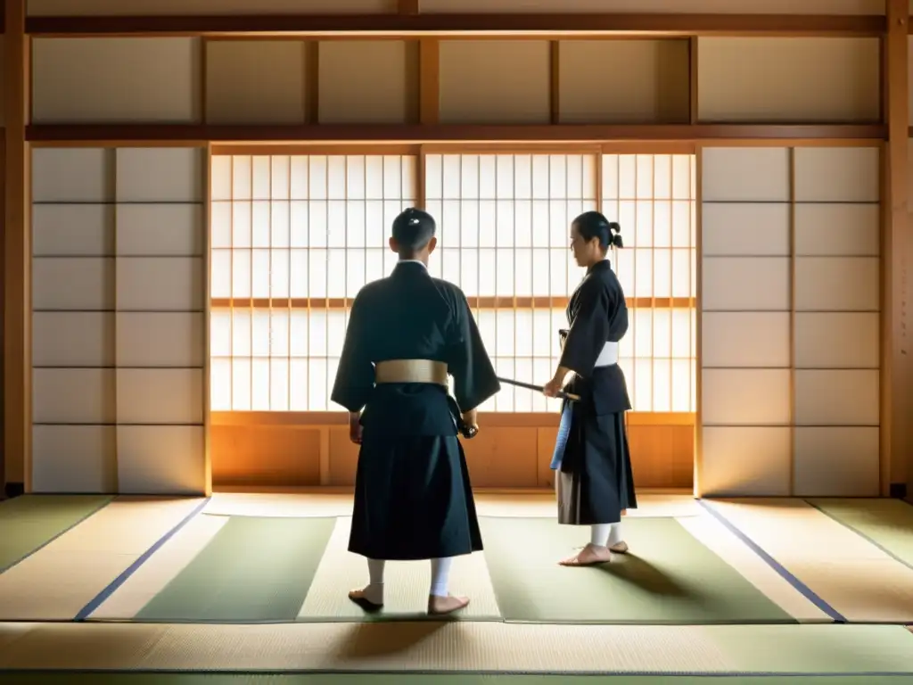 Practicantes de iaido realizan una kata con maestría en un dojo japonés, mostrando los primeros pasos en la senda del guerrero espiritual