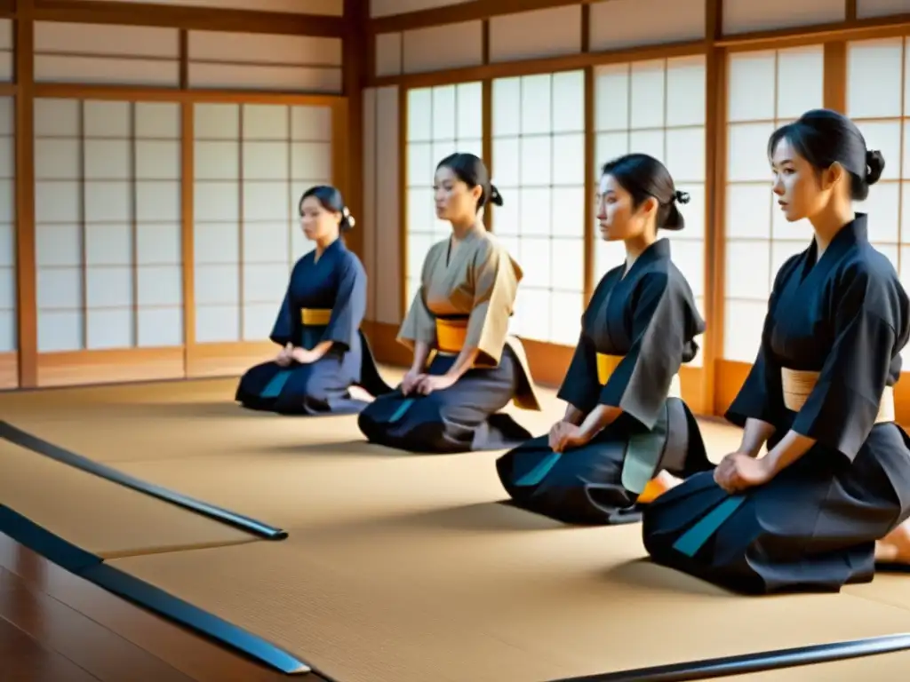 Practicantes de Iaido con katanas en un dojo, reflejando la disciplina y precisión de las técnicas de desenfunde samurái