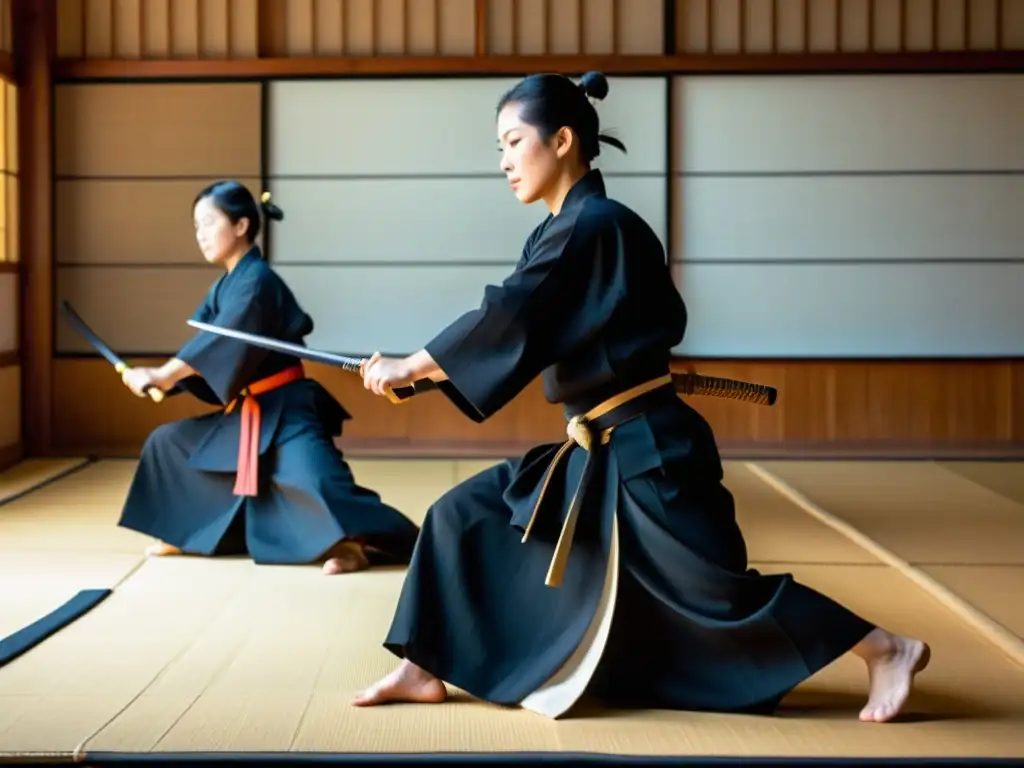 Practicantes de Iaido ejecutan movimientos precisos y fluidos en un dojo tradicional, creando una atmósfera auténtica y serena que captura la esencia de los eventos prestigiosos de Iaido