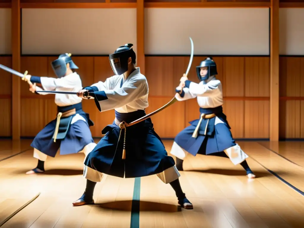 Practicantes de kendo ejecutan katas con precisión samurái en un dojo sereno, resaltando la gracia y fluidez de la disciplina marcial japonesa