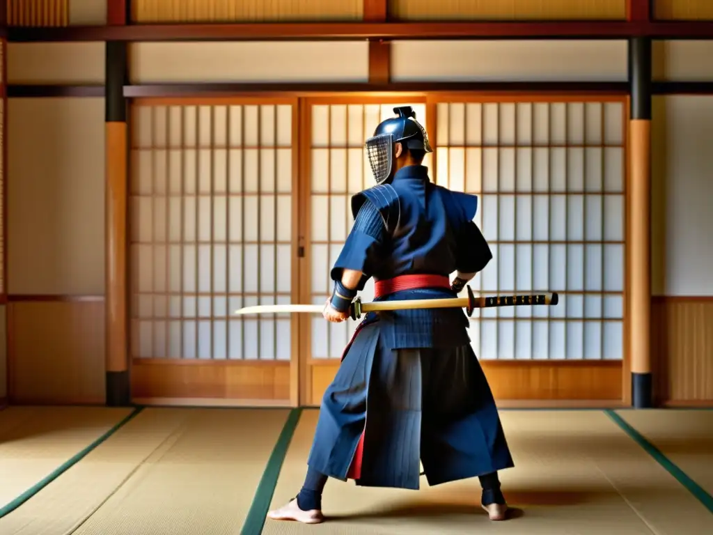 Dos practicantes de kendo con armadura tradicional en un dojo japonés, inmersos en un intenso combate