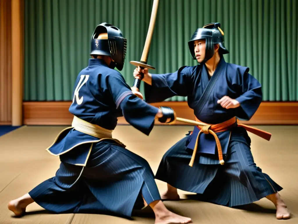 Dos practicantes de kendo en un combate intenso, mostrando destreza y determinación en sus rostros