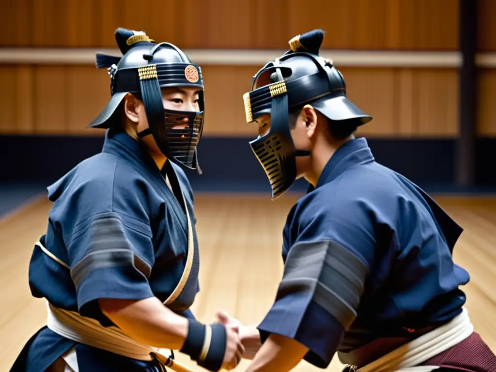 Dos practicantes de kendo se enfrentan con concentración intensa, mostrando el aspecto físico y mental del entrenamiento