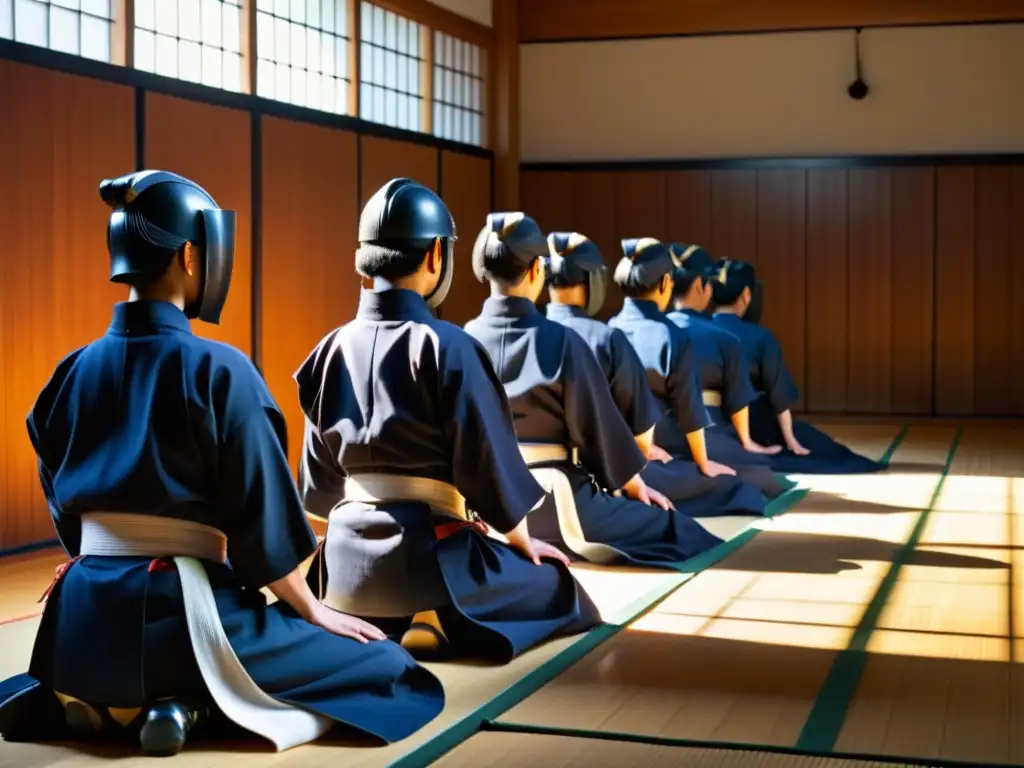 Practicantes de kendo contemporáneo se inclinan respetuosamente en un dojo iluminado, preparándose para el entrenamiento kendo contemporáneo siglo XXI