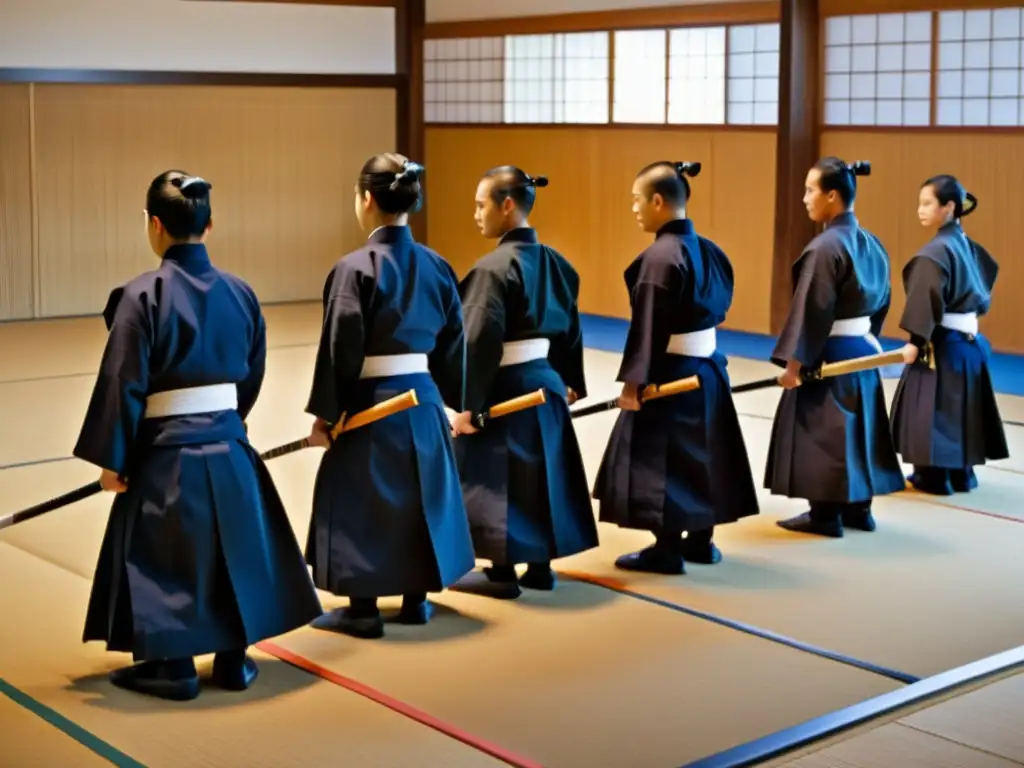 Practicantes de Kendo en el dojo, mostrando principios éticos samurái con respeto y disciplina