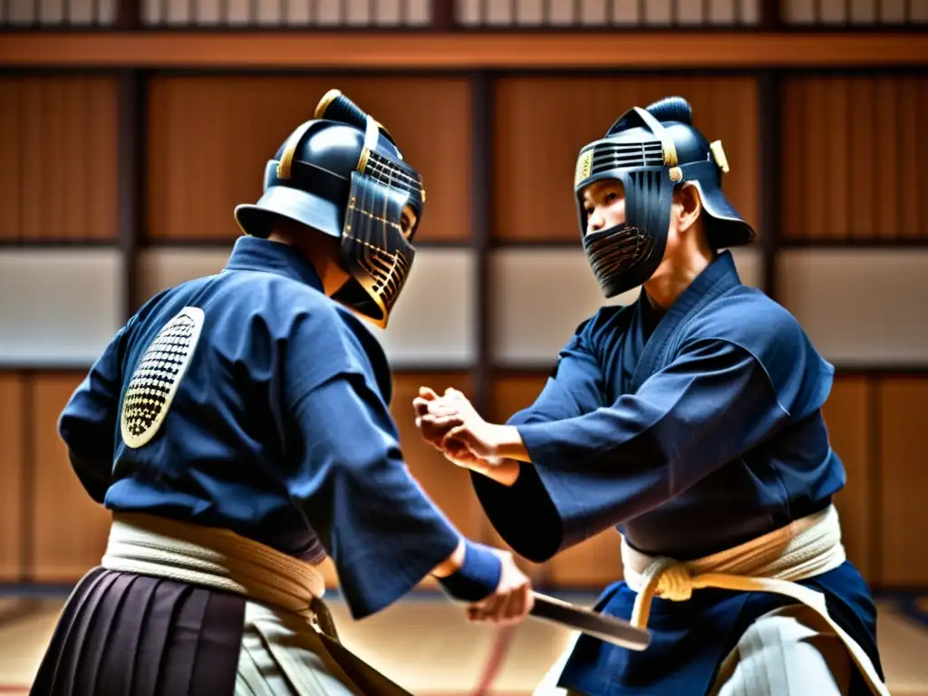 Dos practicantes de kendo en un dojo tradicional en Japón, en una exhibición auténtica de Kendo