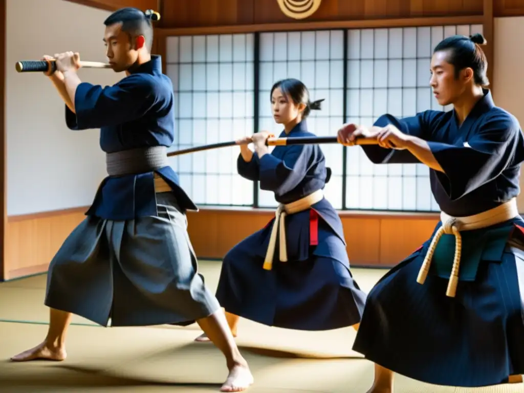 Practicantes de kendo realizan entrenamiento contemporáneo siglo XXI en un moderno dojo, concentración y determinación en sus rostros