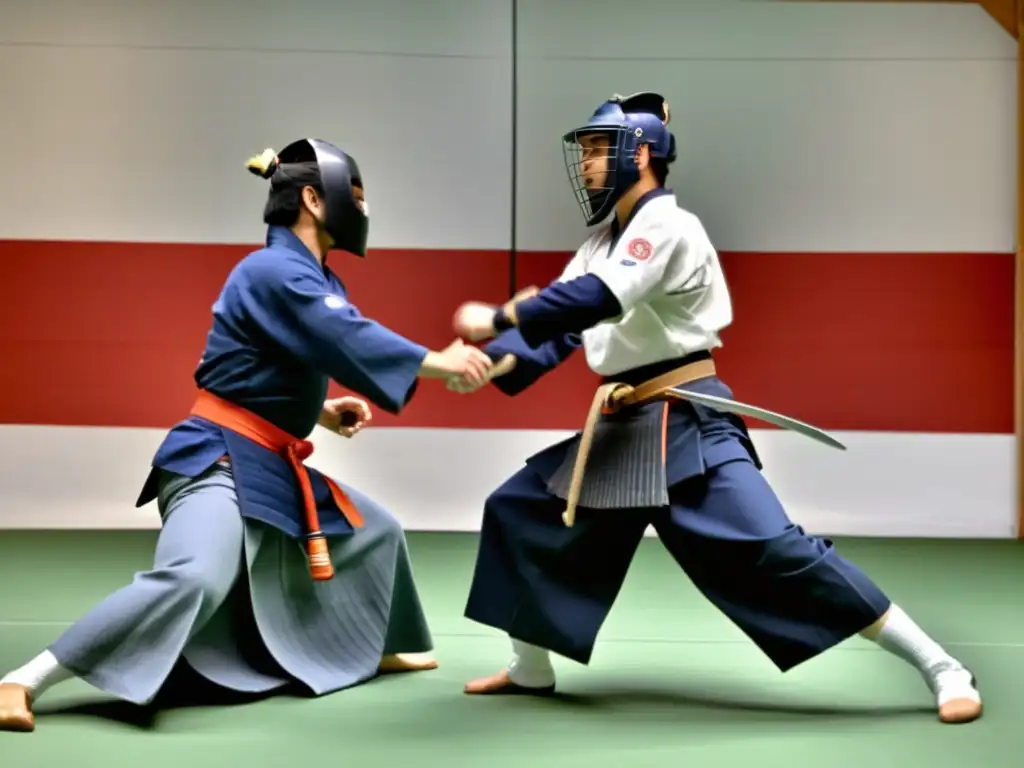 Dos practicantes, uno de Kendo y otro de esgrima, enfrentados en un dojo, capturando la intensidad y disciplina de ambas artes marciales