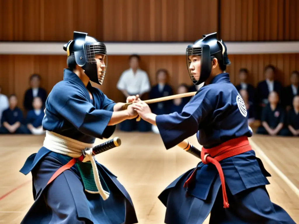 Dos practicantes de kendo compiten con intensa concentración y determinación, listos para el combate en un escenario tradicional de dojo