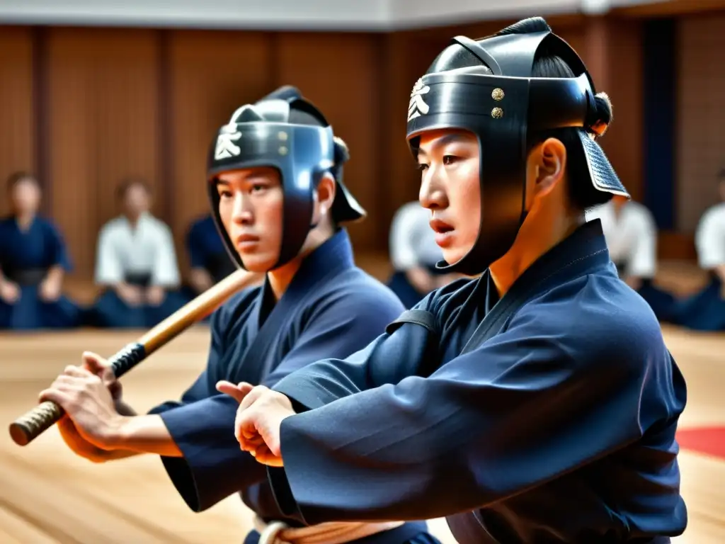 Dos practicantes de kendo luchan con intensidad en el dojo, mostrando determinación y habilidad en la competición de estrategias kendo