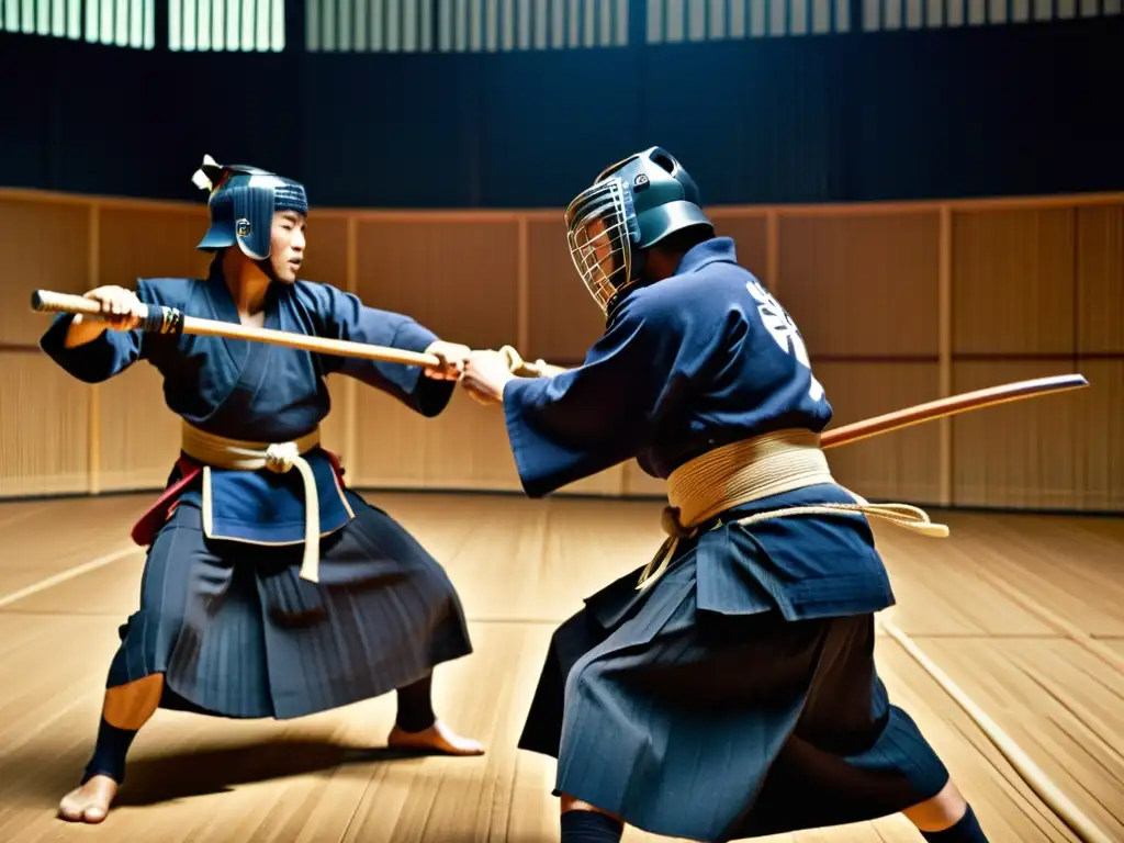 Dos practicantes de kendo en un intenso combate, con la filosofía del Kendo samurái impregnando el aire