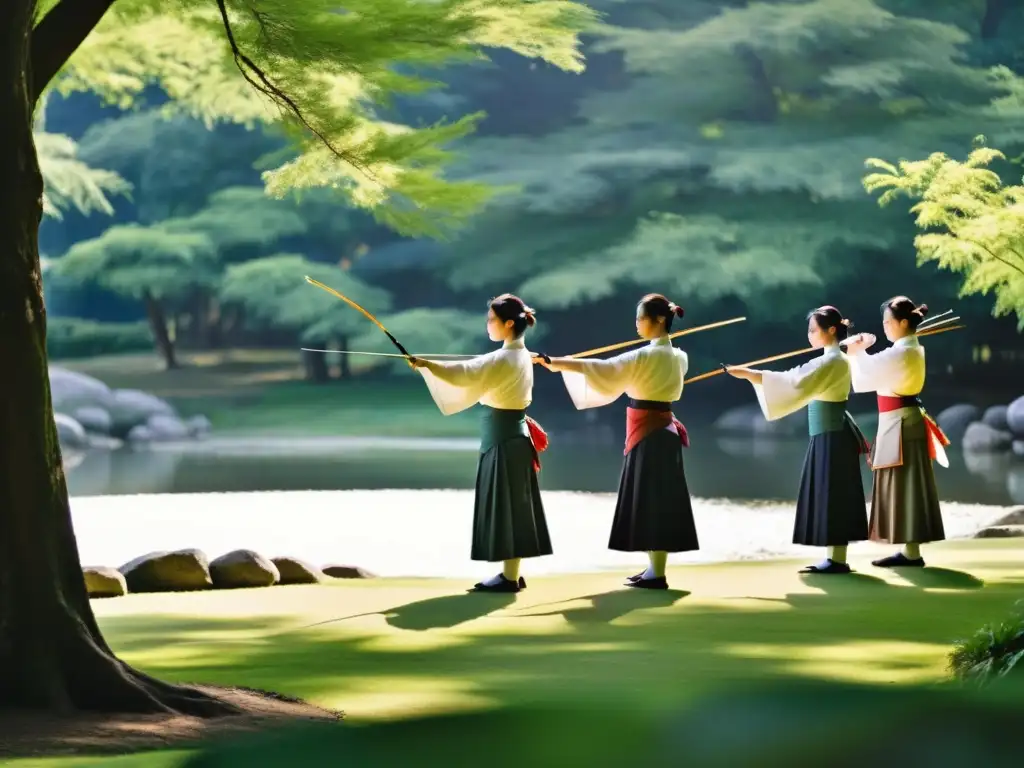 Practicantes de Kyudo se concentran en la meditación en movimiento, rodeados de naturaleza serena y un estanque tranquilo