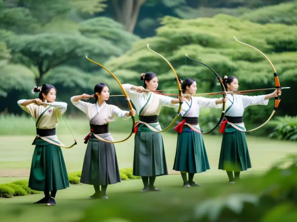 Practicantes de Kyudo vestidos en atuendo tradicional japonés apuntando con arcos en entorno natural sereno