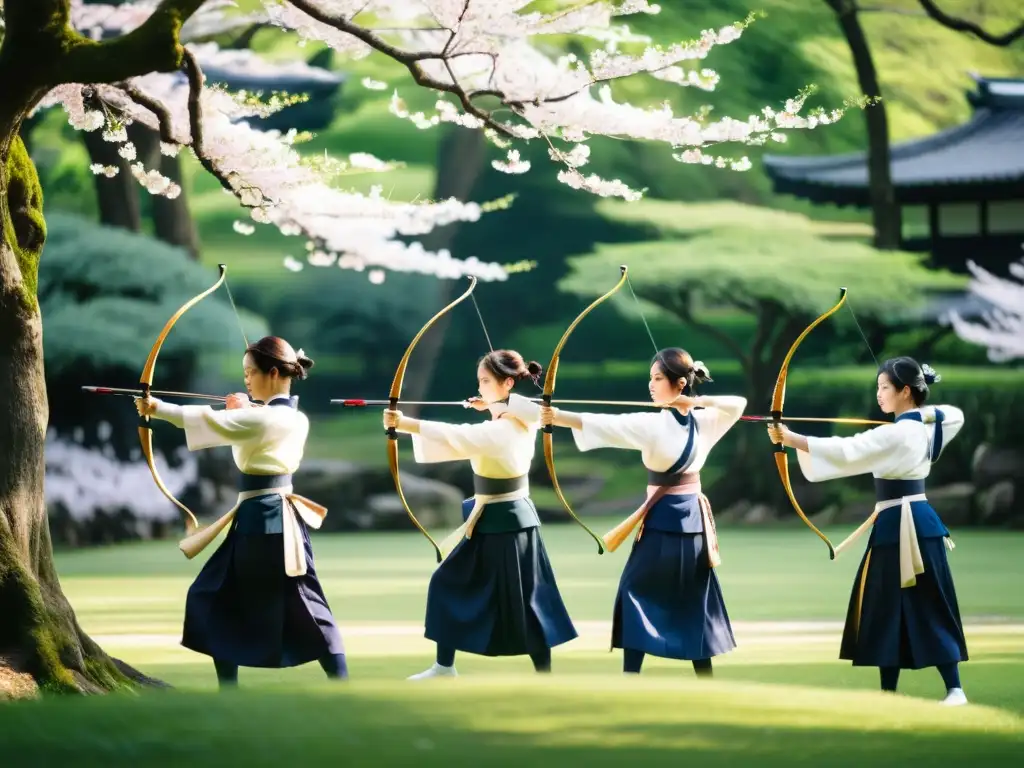 Practicantes de Kyudo en vestimenta tradicional, concentración en el tiro con arco, rodeados de naturaleza exuberante y flores de cerezo