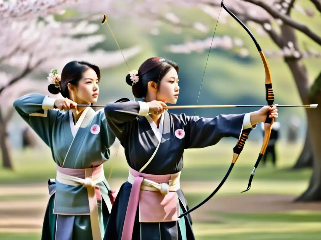 Practicantes de Kyudo en vestimenta tradicional, concentrados bajo cerezos en flor