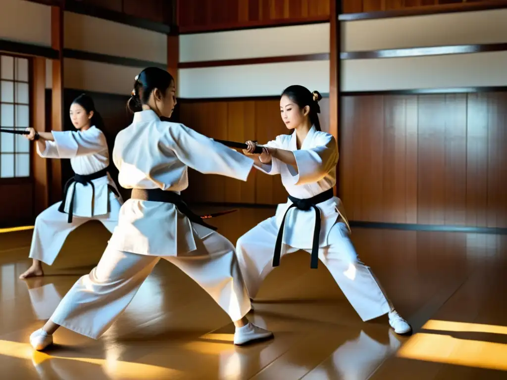 Practicantes modernos de Naginatajutsu entrenan con disciplina en un dojo soleado