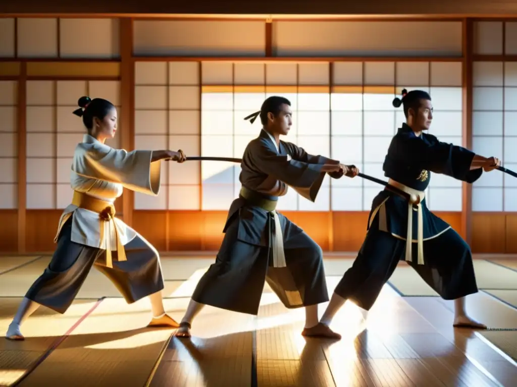 Practicantes modernos de Naginatajutsu en un dojo soleado, realizando movimientos precisos con determinación