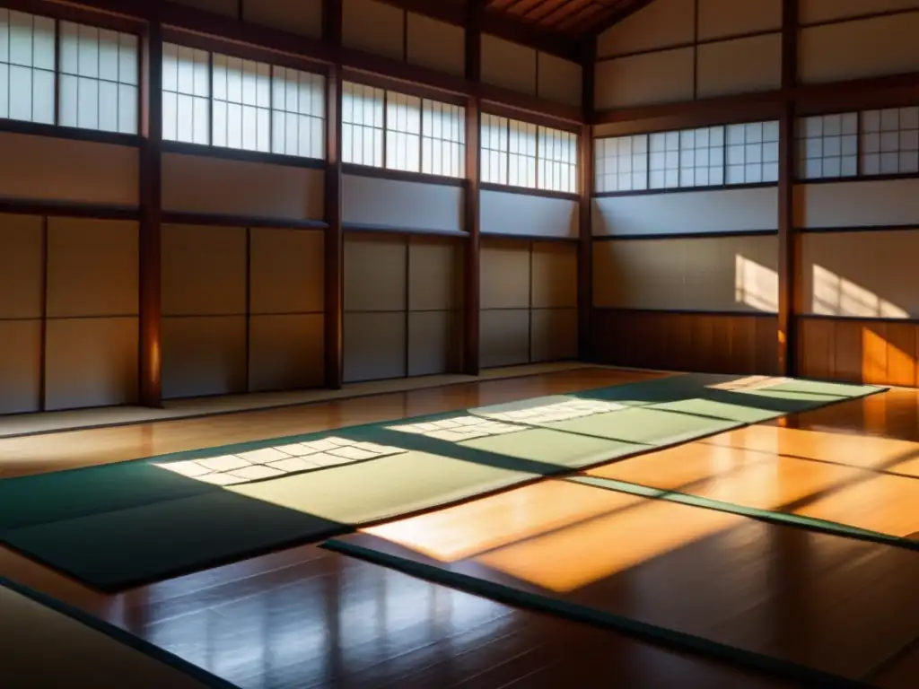 Practicantes de kyudo realizan movimientos meditativos en un dojo iluminado, creando una atmósfera serena y concentrada