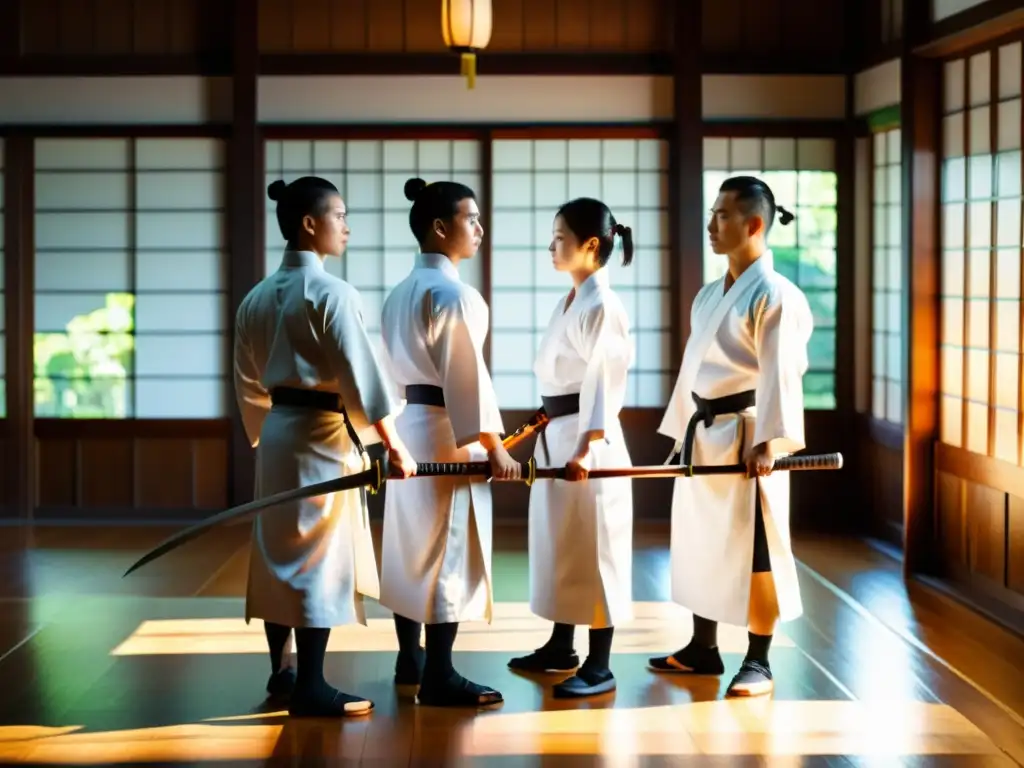 Practicantes de Naginata con uniformes tradicionales en un dojo iluminado por el sol, listos para el entrenamiento moderno en Naginatajutsu